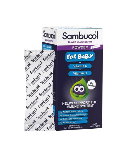 Вітаміни для підтримки імунної системи Sambucol Baby Powder Black Eldeberry Вітамін C & D, 14 шт. по, 14 × 2,2 г